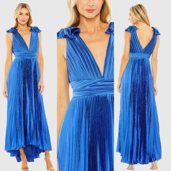 LEENA Mac Duggal Ruffle Top Sleeveless V Neck Pleated Gown Dress - Picture 1 of 14